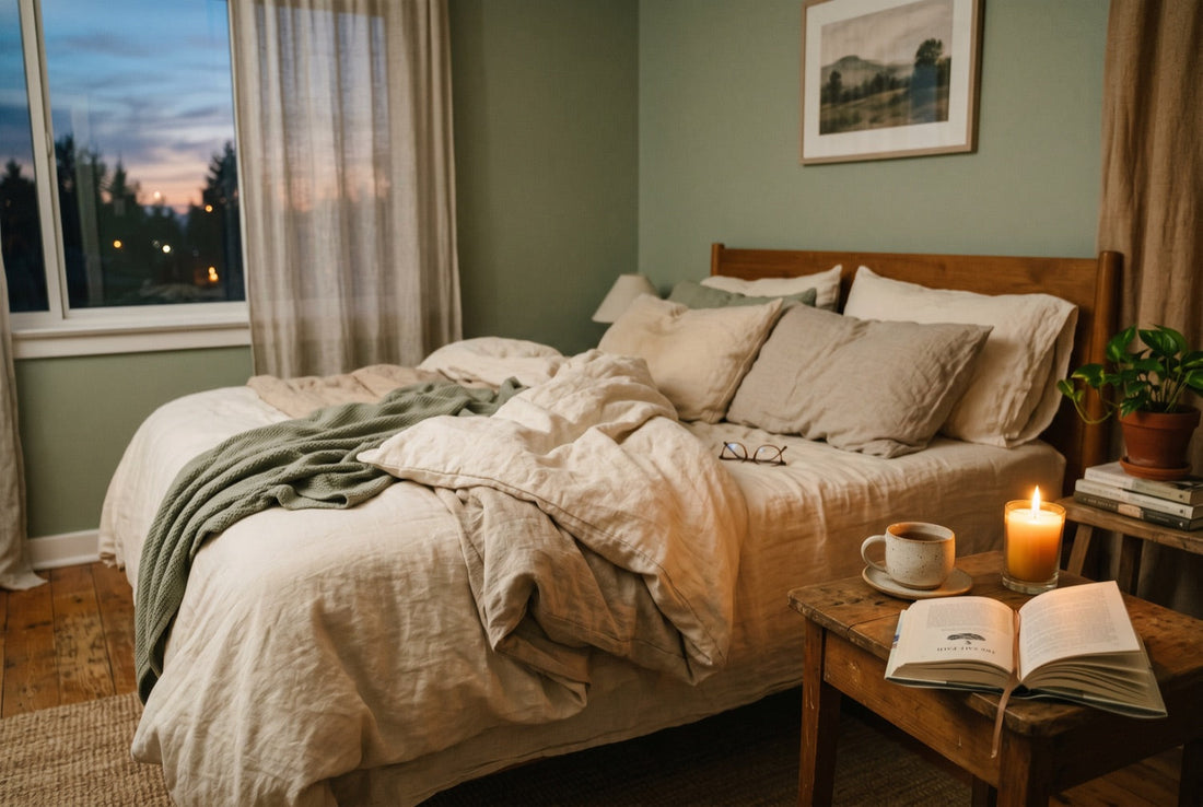 Ruhiges Schlafzimmer mit Tee und Kerze – Tipps für besseren Schlaf