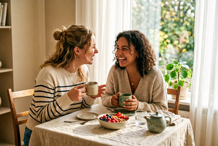 Zwei Freundinnen beim entspannten Frühstück – Tipps gegen Mundgeruch