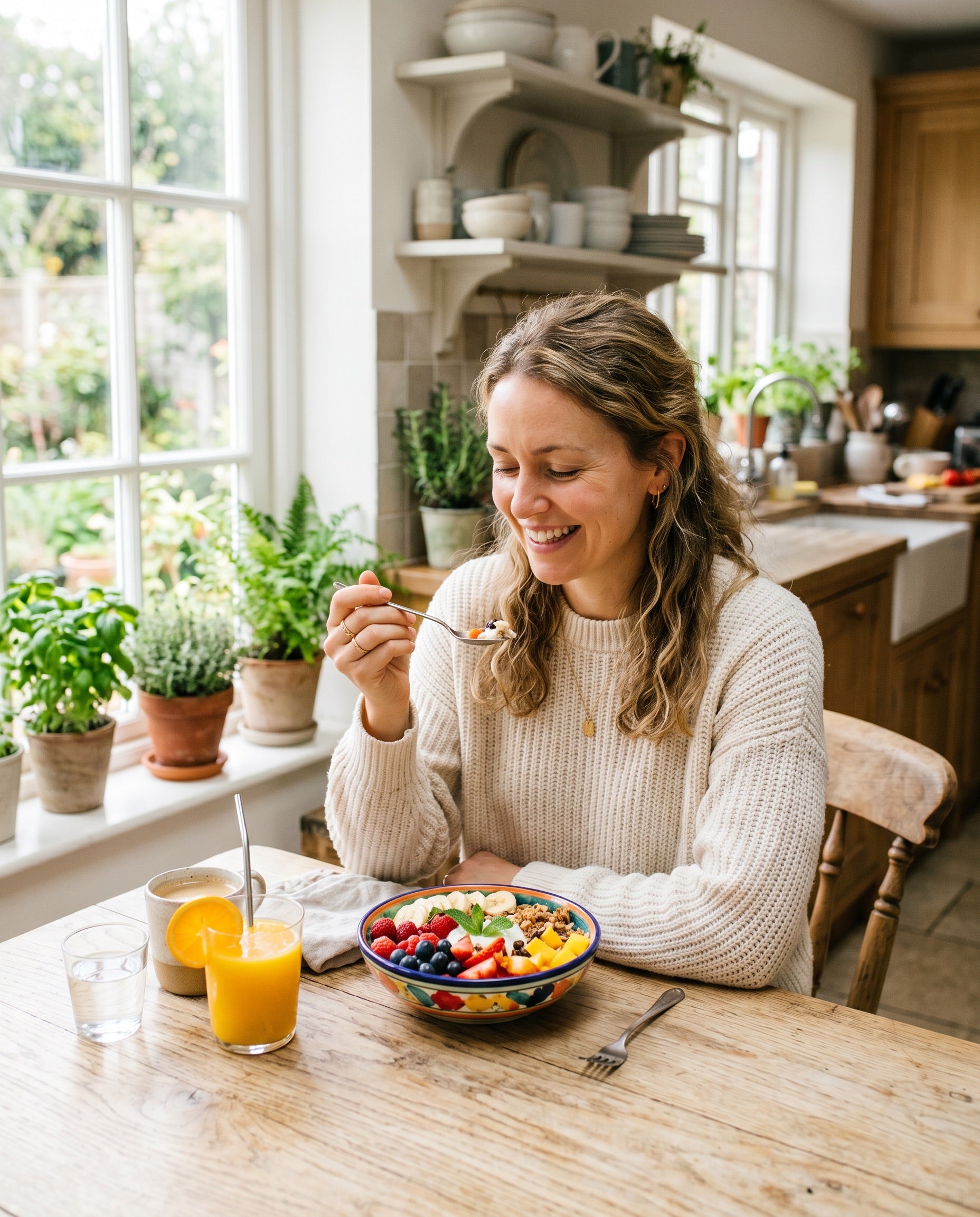Frau beim gesunden Frühstück – Vitamine und Mineralstoffe für den Tag
