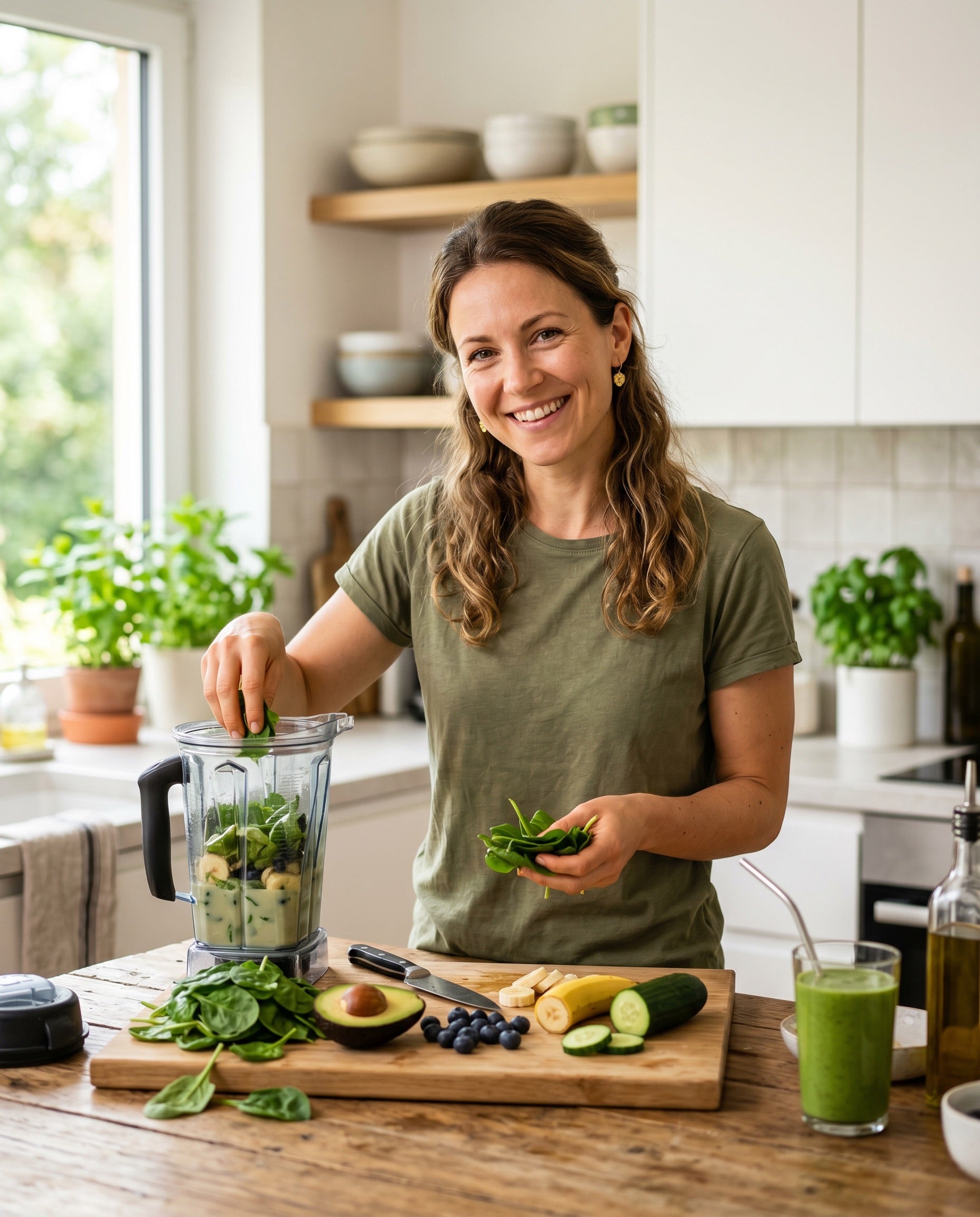 Frau bereitet grünen Smoothie zu – Stoffwechsel natürlich unterstützen